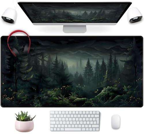 Cute Dark Gloomy Forest Desk Mat, Gothic XXL Large Extended Gaming Mouse Pad Mat, Non-Slip Rubber Base Mousepad Computer Keyboard and Mouse Mat, Desk Pad with Stitched Edges, 31.5x15.75 in