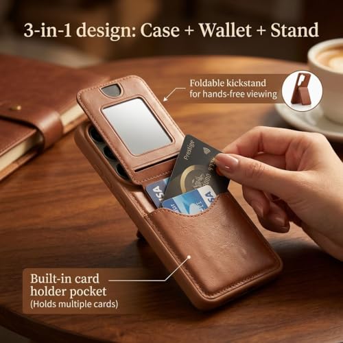 Image of amazon basics Premium Vegan Leather Back Cover with Card Holder and Integrated Mobile Stand for iPhone 12 - Slim Shockproof Wallet Case with Geometric Stitching [Tan]