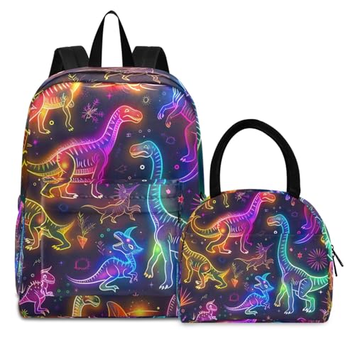 School Backpacks Cooler Bags Insulated Water Proof, Book Bags with Lunch Box, Cute Dinosaur Neon