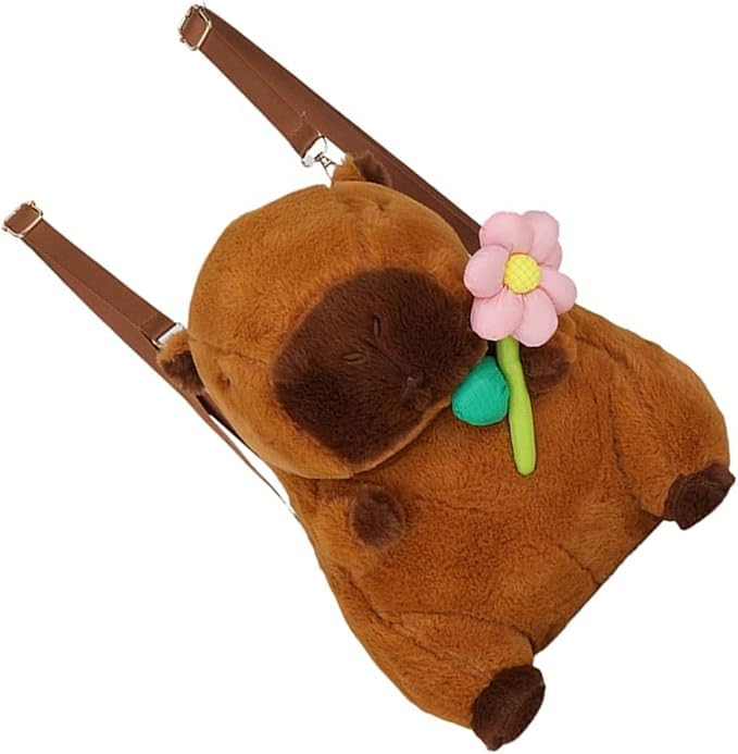 Mochila Capivara Pelúcia Pequena com Flor Rosa - Ideal para Caderno Estojo - Moda Kawaii