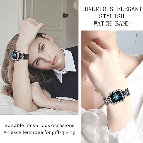 Magnetic Band Compatible with Apple Watch 38mm 40mm 41mm 42mm 44mm 45mm 46mm Stainless Steel Metal Strap with Bling Case and Built-in Screen Protector, Dressy Milanese Loop iWatch Bands for Women