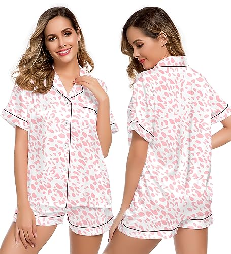 Image of LecGee Womens Silk Satin Pajamas Set Short Sleeve Sleepwear Button Down Nightwear Soft Pj Lounge Sets