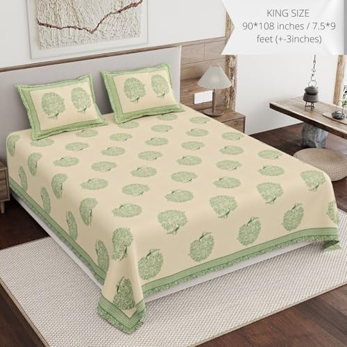 Image of Living Roots Ethnic Jaipur Block Print Double Cotton Bedsheet & 2 Pillow Covers, for Mattress Upto 6 inches Thick, No Colour Bleeding, Leaf Green Colour, King Size 90 * 108 inches, 120TC (605-A)