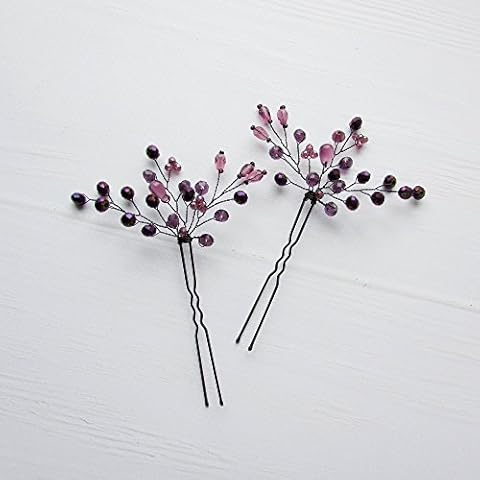 Kercisbeauty Violet Purple Beaded Hair Pins for Wedding Brides Bridal Violet Black Hair Piece Rustic Wedding Women Evening Party Pack of 3 Cover