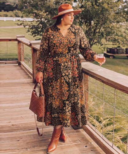 Image of TIYOMI Womens Plus Size Dresses Fall Long Sleeve Maxi Dresses V Neck Floral Spring Party Dress with Pockets XL-5XL (14W-28W)