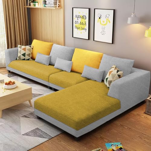 Image of Galib RHS 6 Seater L Shape Sofa Set for Living Room (Yellow Grey Fabric) Premium Fabric Sofa
