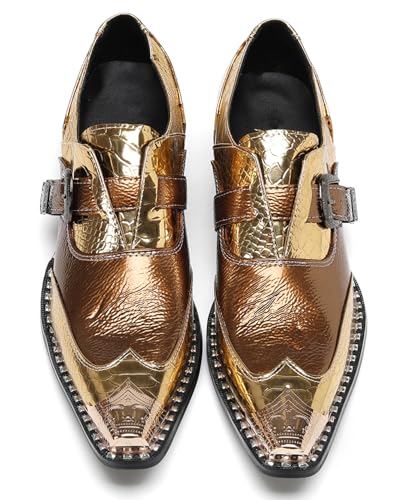 Santimon Men’s Slip-On Dress Shoes Genuine Leather Loafers – Metal Toe Mocasines with Gold Buckle for Formal Wedding & Casual Party Disco3