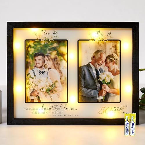Then & Now 50th Anniversary Picture Frame for Couple, Celebrate Years of Love Anniversary Wooden...
