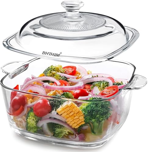 BHTHIM - 2.5 Liter Square Glass Casserole With Lid - Multiple Uses Glass Bowl With Lid For Cooking, Baking, Serving, Mixing And Storing - Tempered Glass Bowl For Microwave & Oven Safe
