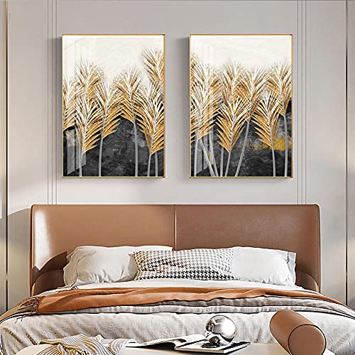 Peinture sur toile plante dorée moderne noir et blanc abstrait 70x100 cm duo salon