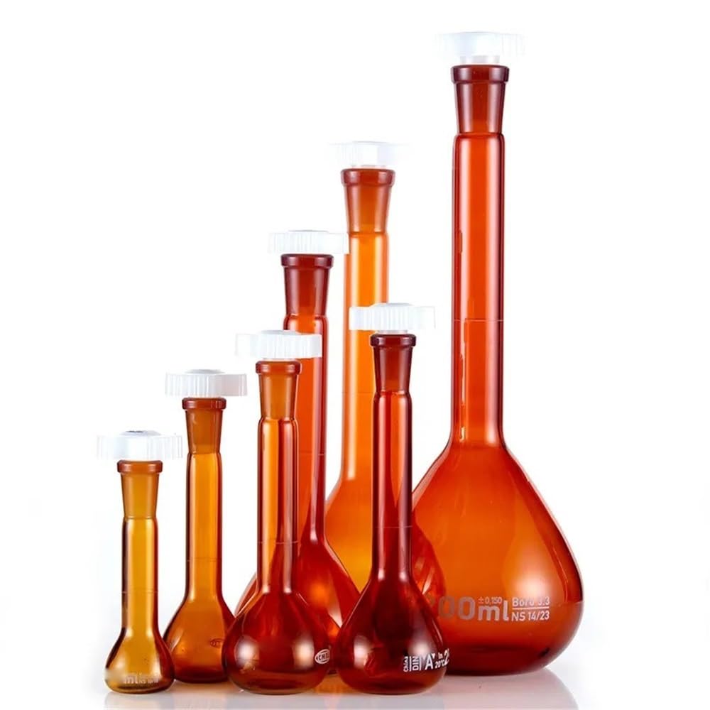 Equipos y suministros de laboratorio Matraz volumétrico de vidrio de borosilicato marrón de 50 ml con tapón de plástico. Cristalería transparente de laboratorio.