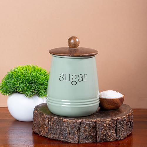 Image of Metallure Home Stylish Airtight Container Set | Sugar Tea Coffee Container Set of 3 | Metal and Wood Lid Canister for Kitchen Storage | Food-Safe Jar Set for Kitchen (Green)
