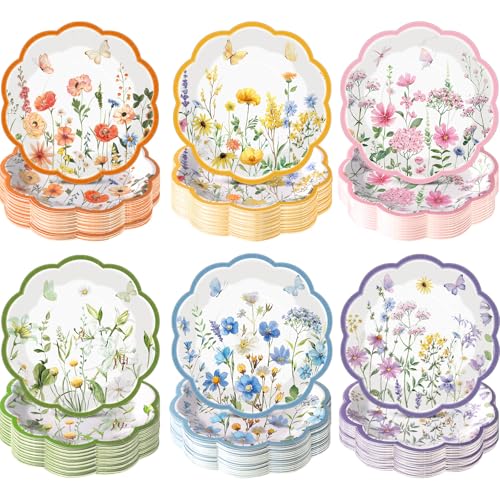 Image of Funnymoom 60 Pcs 7 Inch Wildflower Paper Plates Spring Floral Disposable Party Plate for Dessert Summer Flower Scalloped Plate for Baby Bridal Shower Wedding Birthday Tea Party Decoration Supplies