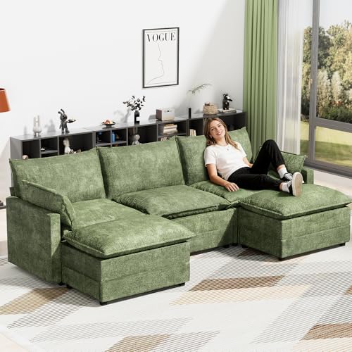 Image of LEVELEVE 112.5 inch U-Shape Modular Sofa with 2 Ottomans, Deep Seat Cloud Convertible Sleeper, 2 Arm Pillows, Comfortable Upholstered Furniture for Living Room Apartment, Green