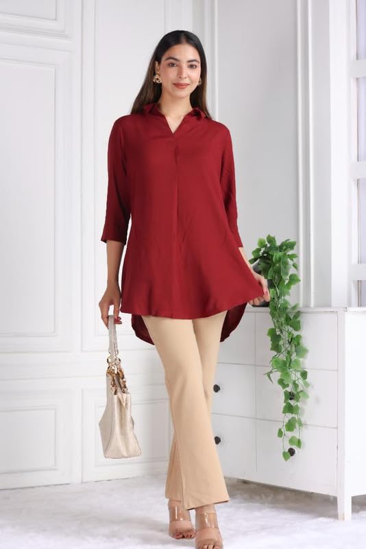 Image of Mlada Rayon Flare Top for Women | 3 /4th Sleeve Regular Fit and Flare Top | Women Office Tops Tunic | Western Long Shirt Top for Women | Shirt Collar Top for Women | Rayon Tunic Tops for Women Western