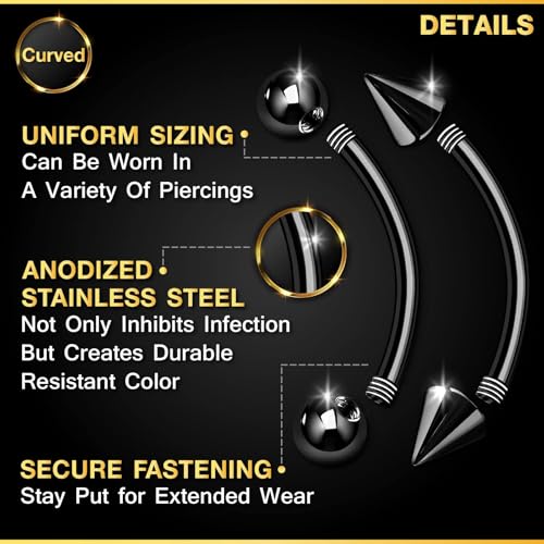 16G Eyebrow Rings Piercing Jewelry Stainless Steel Curved Barbell Vertical Labret Lip Jewelry Ear Rook Helix Conch Daith For Women 6mm/8mm/10mm/12mm Replacement Balls 3mm3