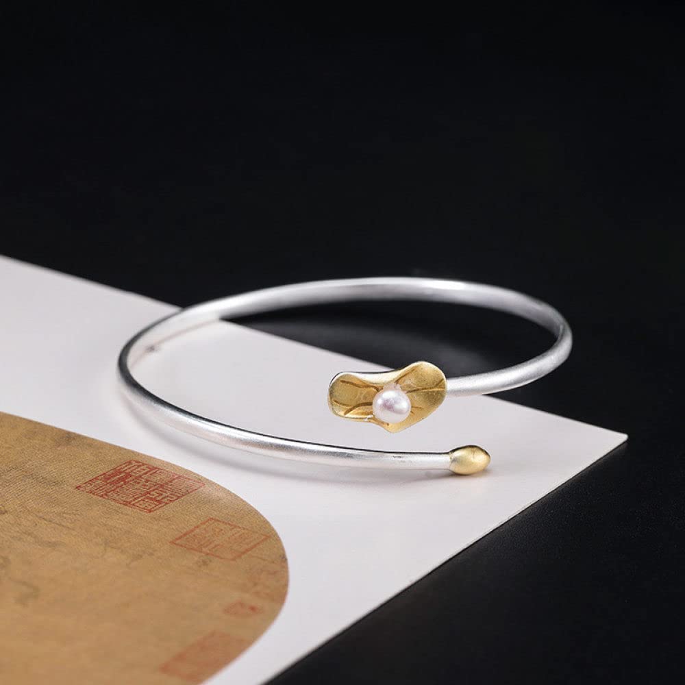 Bracelet Jonc Argent Femme,Bracelet en Argent Sterling Perle Feuille De Lotus Bracelet Manchette Ouvert Bracelets D'Amitié Cadeau Bijoux en Argent S925 pour Femme Petite Amie Femme