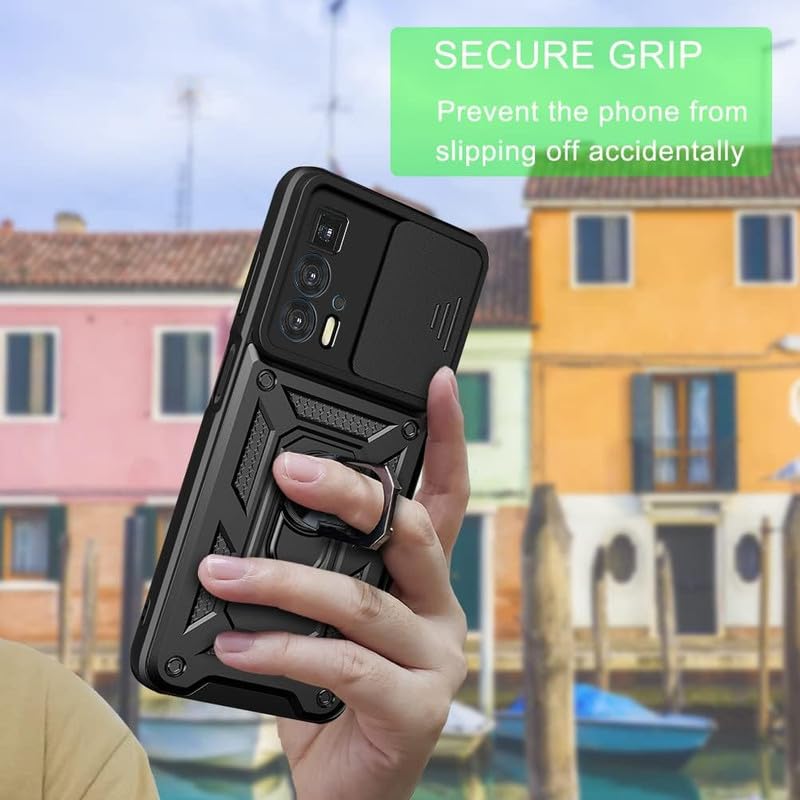 Image of SkyTree Motorola Edge 20 Pro, Robotic Sliding Camera Window Shock Proof Thunder Case, Dual Layer Hybrid Shockproof Back Cover Case with Kickstand for Motorola Edge 20 Pro - Black