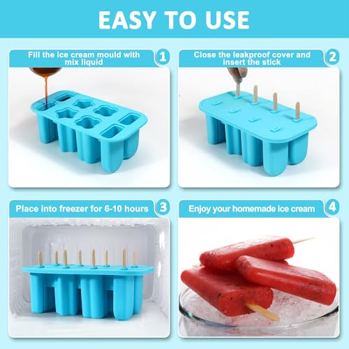 8 Cavity Ice Lolly Moulds with 48pcs Wooden Sticks, Reusable Silicone Popsicle Mould, BPA Free Ice Pop Moulds, Homemade Ice Cream Mould for Kids Adults Summer DIY Home Kitchen Tools (Blue) - Image 5