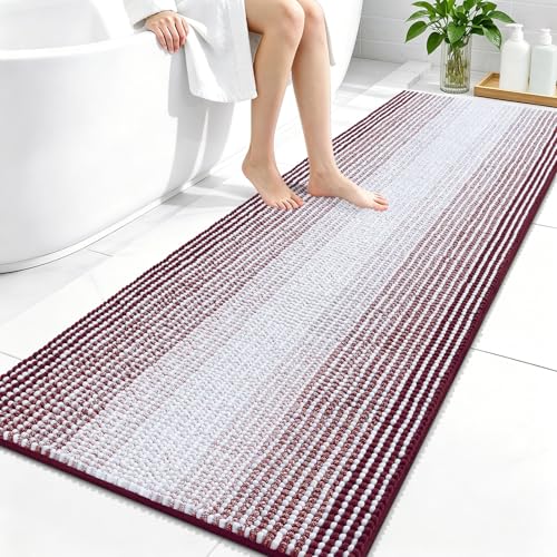 Image of OLANLY Bathroom Runner Rugs 59x24, Extra Soft Absorbent Chenille Striped Bath Rugs, Rubber Backing, Machine Wash Dry, Long Bath Mats for Bathroom, Tub, Shower, Home Decor Accessories, Burgundy