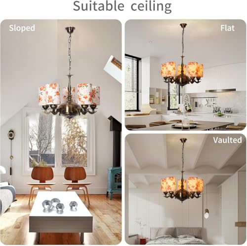 Image of Devansh 05 Lights Printed Round Cotton Shade with Antique Golden Chandelier -D