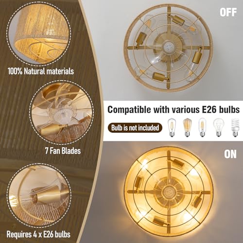Image of Cage Ceiling Fan with Light,Rattan Ceiling Fan with Light and Remote Control,Enclosed Low Profile Caged Design, 6 Speed Quiet Reversible Motor for Bedroom, Living Room, Porch, Nursery