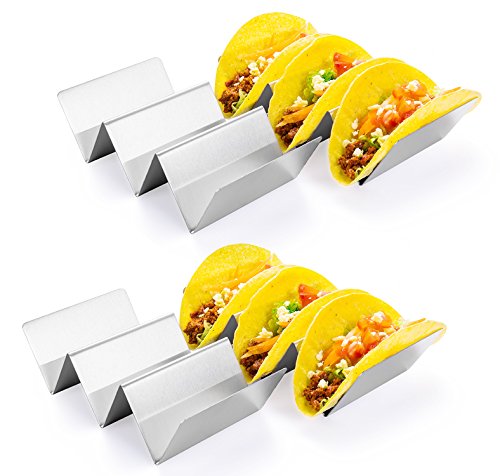 HapWay Taco Holder Stand, 4 Pack Stainless Steel Taco Truck Tray Style, Mexican Food Taco Rack Shells, Safe for Baking, Dishwasher and Grill Safe