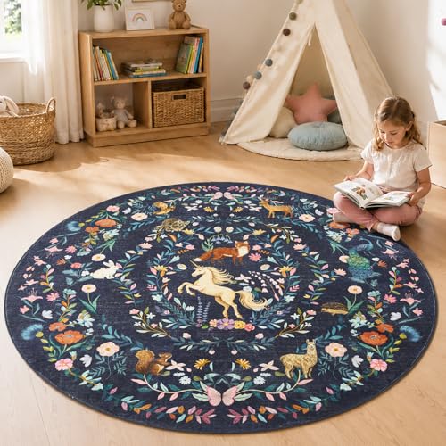 jinchan Moonrise Round Rug 6ft Kids Room Area Rug Washable Unicorn Rug Soft Non-Slip Low Pile Fairytale Woodland Animals Floral Carpet for Classroom Nursery Playroom Living Room Midnight Navy Blue