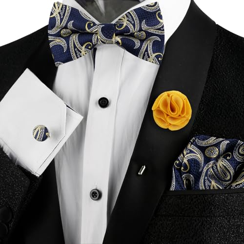 Image of Alizeal Mens 4pcs Vintage Paisley Bow Tie Set | Pre-tied Pocket Square Cufflinks Boutonniere for Wedding Everyday Use