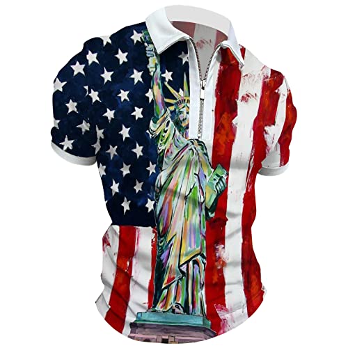 Patriotic Polo Shirts For Men Short Sleeve 1/4 Zipper Collar Us Flag Printed Golf Shirts Lightweight Stars And Stripes Tee Top Big Tall Collared 4Th Of July Shirts Athletic Tennis Shirts Classic Fit #TOP3