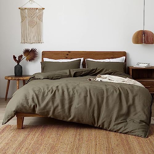 Image of XZ XIFA 100% Washed French Flax Linen Duvet Cover Set - 3 Pieces, Cooling & Textured Farmhouse Bedding for Hot Sleepers, with Zipper Closure (Olive Green, Full)