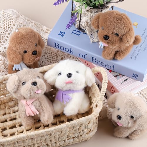 ANBOOR 6pcs 12cm Hunde-Plüschtiere, süßes Hundewelpen-Plüschtier mit Schal, Duftende Teddys, kleine Plüschtiere mit Schlüsselanhänger, weiches Plüsch-Hundespielzeug (braun, weiß, Hellbraun)