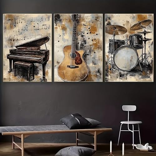 Lienzo con impresión artística de instrumento musical vintage, piano, guitarra y batería retro para pared, para sala de estar, dormitorio, decoración del hogar (40 x 60 cm, 3 unidades)
