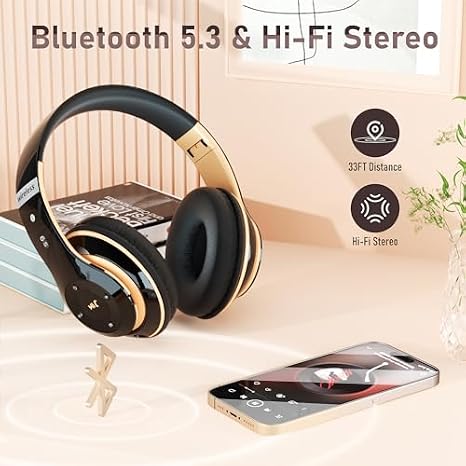 Bluetooth Headphones Over Ear, 6S Wireless Headphones Wired with 6 EQ Modes, 40 Hours Playtime Foldable HiFi Stereo Headset with Microphone, FM/TF for Cellphone/PC/Work (Black & Gold)