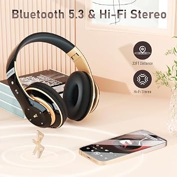 Bluetooth Headphones Over Ear, 6S Wireless Headphones Wired with 6 EQ Modes, 40 Hours Playtime Foldable HiFi Stereo Headset with Microphone, FM/TF for Cellphone/PC/Work (Black & Gold)