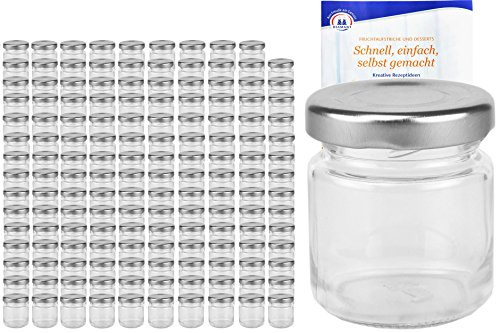 MamboCat Set van 200 ronde glazen 53 ml dekselkleur zilver tot 43 incl. receptenboekje met Gelierzauber, inmaakpotten, inmaakpotten, voorraadpotten, mini-weckpotten, fruitglazen, portiepotten