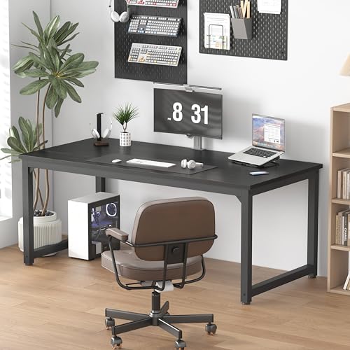 Image of NSdirect 70.9 inch Computer Desk,Large Home Office Desk Wide Workstation 1 inch Thicker Tabletop for Writing,Games and Home Work PC Desk Modern Finish Wood Board and Sturdy Steel Legs, Black