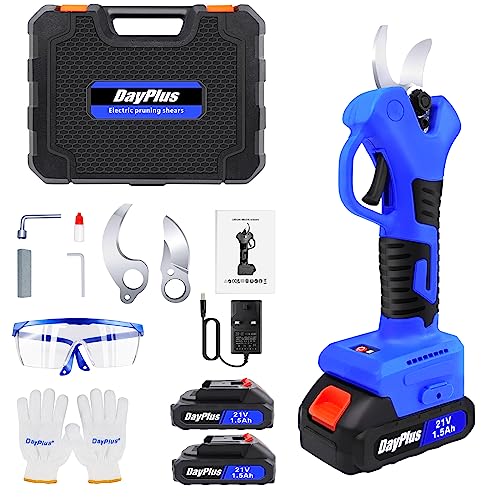 Tijeras de podar eléctricas profesionales con batería con 2 baterías de 21 V 1,5 Ah, recargable, diámetro de corte de 25 mm, para jardinería y poda