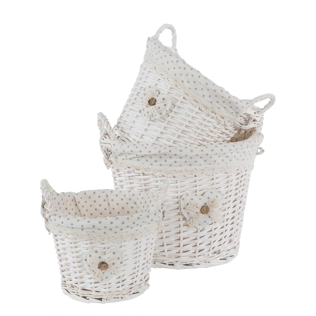 Set 3 Ceste in Vimini Naturale Foderate in Cotone Bianco Shabby Chic, Cestini Portaoggetti Intrecciati con Manici, Organizer Decorativi per Casa Soggiorno Camera da Letto Bagno
