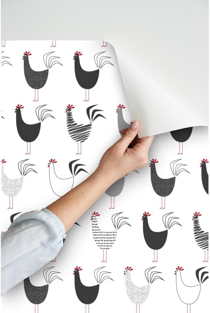 Spoonflower Peel & Stick Wallpaper 3ft x 2ft - Black White Feather Kitchen Rooster Farm Tea Chicken Farmhouse Modern Barnyard Custom Removable Wallpaper