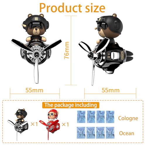Image of 2Pcs Car Air Fresheners, Cute Bear Pilot Automotive Air Outlet Creative Car Perfume Diffuser, Automotive Accessories Air Vent Decoration with 8 Fragrant Tablets (Black 1+Red 1)