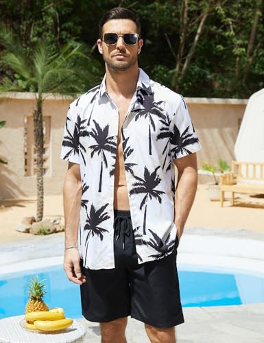 Yimoon Men's Summer 2 Piece Outfits Tropical Print Short Sleeve Button Down Hawaiian Beach Shirt and Shorts Set4