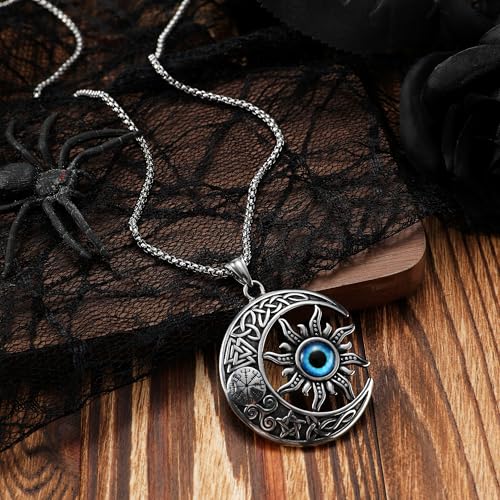 TURTLEDOVE Sun Moon Viking Necklace - Stainless Steel Evil Eye Crescent Moon Celtic Pendant - Lucky Amulet Moon Jewelry2