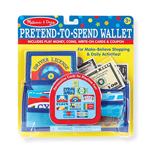 Melissa & Doug Pretend-to-Spend Toy Wallet With Play Money and Cards (45 pcs) , Blue - Play Money For Kids, Pretend Play Shopping Toys, Kids Play Wallet, Pretend Credit Cards For Kids Ages 3+