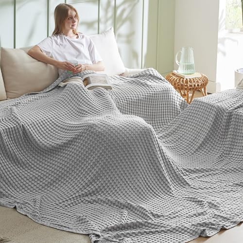 Image of Bedsure Cooling Cotton Waffle Oversized King Blanket - Lightweight Breathable Blankets Rayon Derived from Bamboo for Hot Sleepers, Luxury Throws for Bed and Sofa, Grey, 120x96 Inches