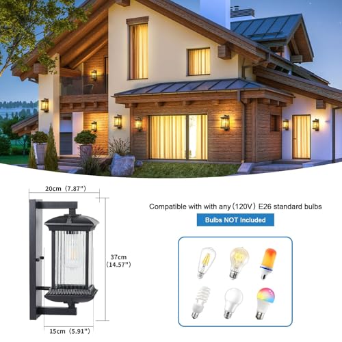 Outdoor Wall Lights, Square Waterproof Outside Light Fixtures for House Porch Yard Doorway Garage Patio, Black Aluminum Sconce Lighting, Exterior Lantern, 2-Pack