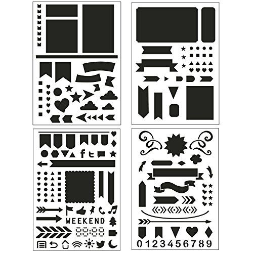 Bullet Journal Stencil Set 4 Pack - Banners, Dividers, Icons Fits Leuchtturm & Moleskine A5 Notebooks, Best Used with Huhuhero Fineliners & Sakura Micron Pens, 5 X 7 inches