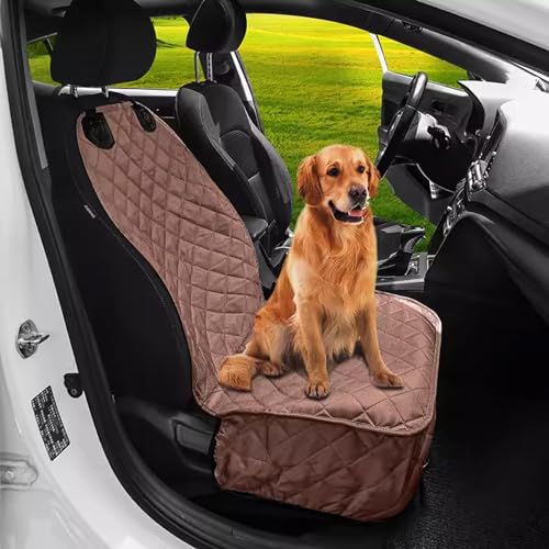 PJDDP Car Front Seat Dog Cover, Waterproof Auto Seat Protector Against Fur & Dirt,Anti-Scratch Non-Slip Seat Pet Cover, Universal Vehicle Accessories for Car Truck SUV,Brown