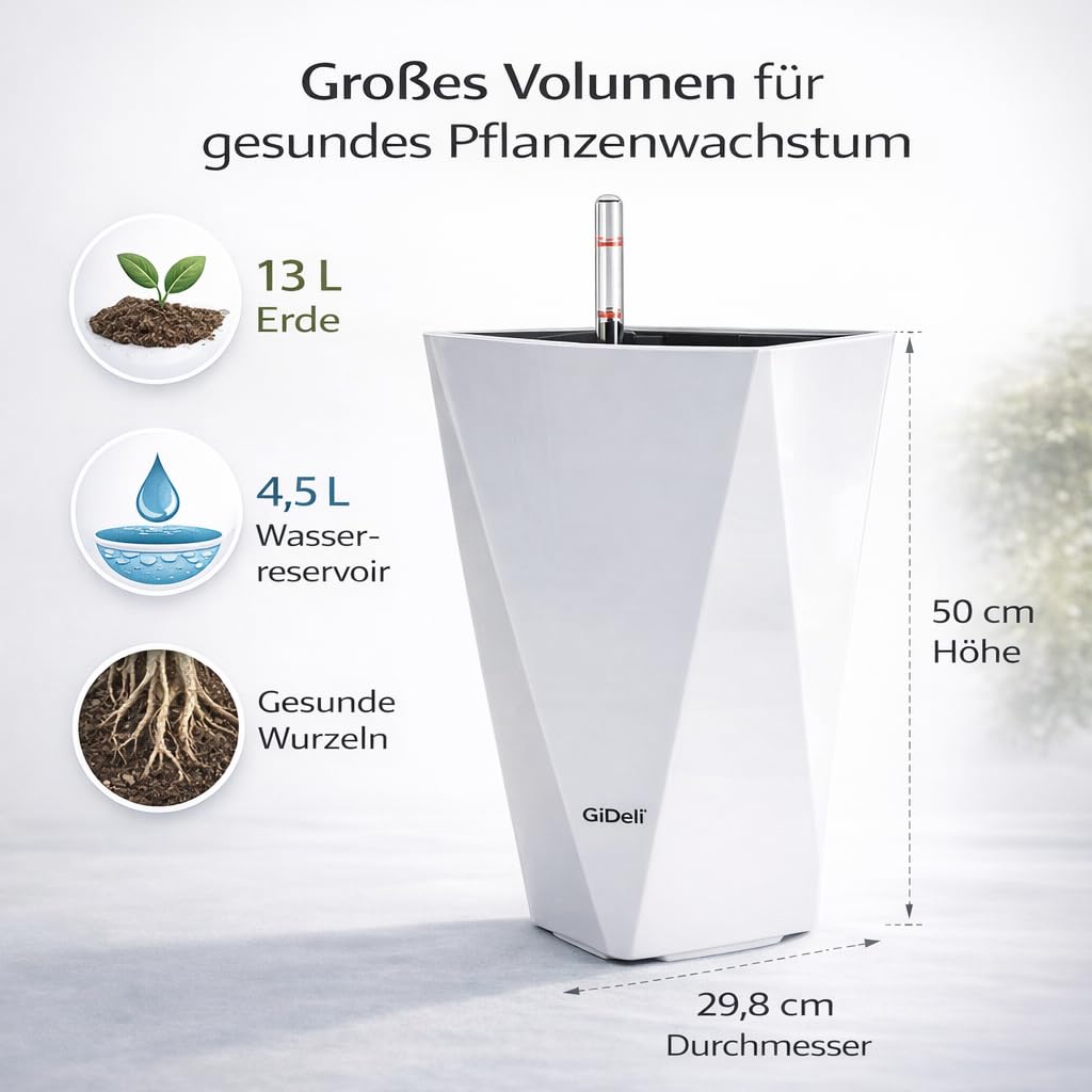 GiDeli Selbstwässernder Blumentopf - Selbstbewässerungstopf mit Wasserstandsanzeige - Blumentöpfe, der vor Überlaufen und Verrotten Schützt - Zeitsparender Pflanztöpf