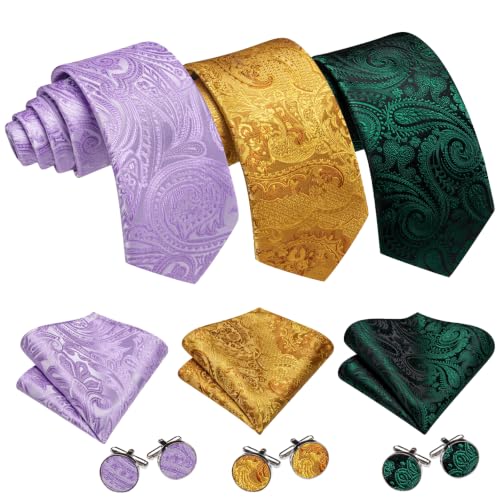 Image of Barry.Wang 6 PCS Men Ties Set Silk Business Fashion Woven Necktie Handkerchief Cufflinks Paisley Stripe Wedding Party